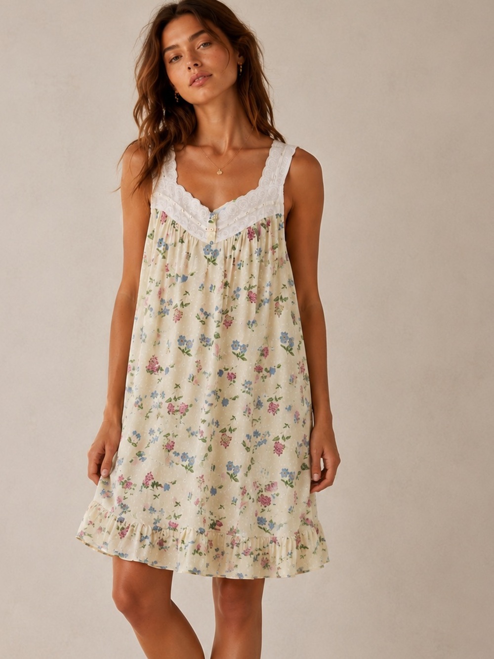 Floral vintage Sleeveless Dress with Lace Trim